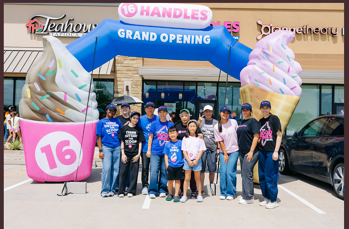 16 Handles franchisees Min Lee and Chris So at the Fulshear, Texas store opening in summer 2026.