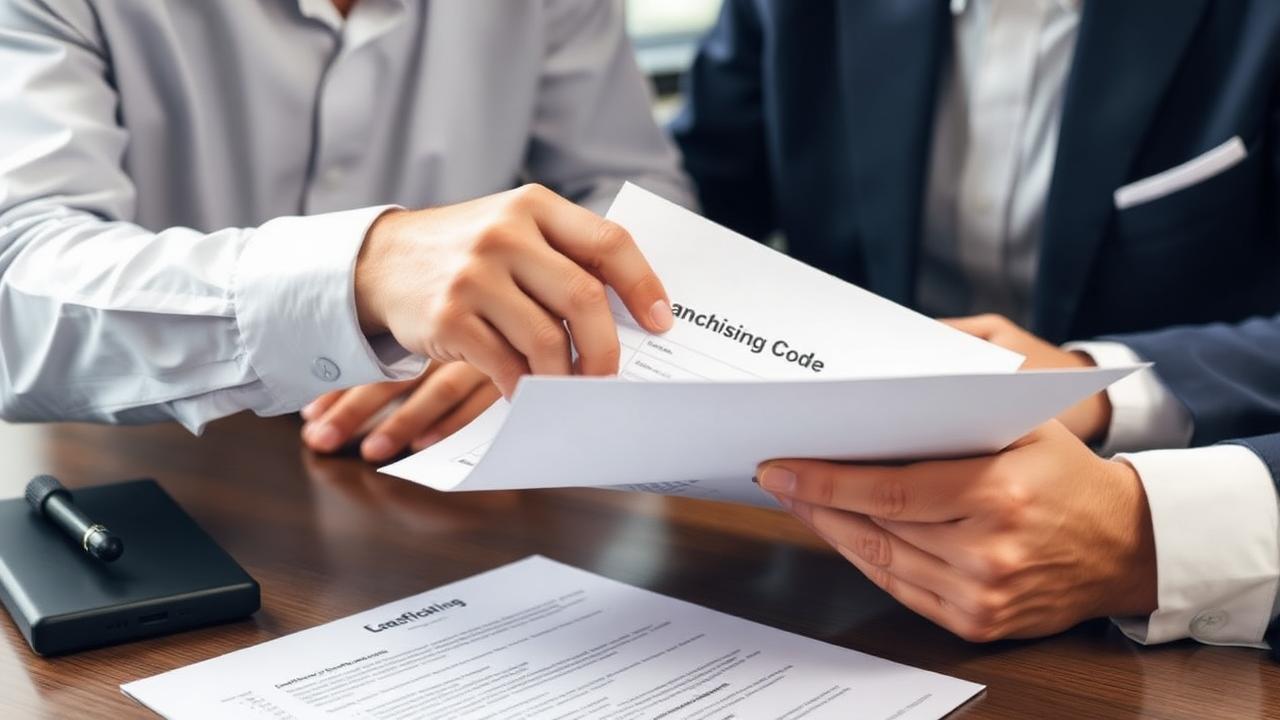 Business owner reviewing a Franchising Code document with a lawyer at a desk
