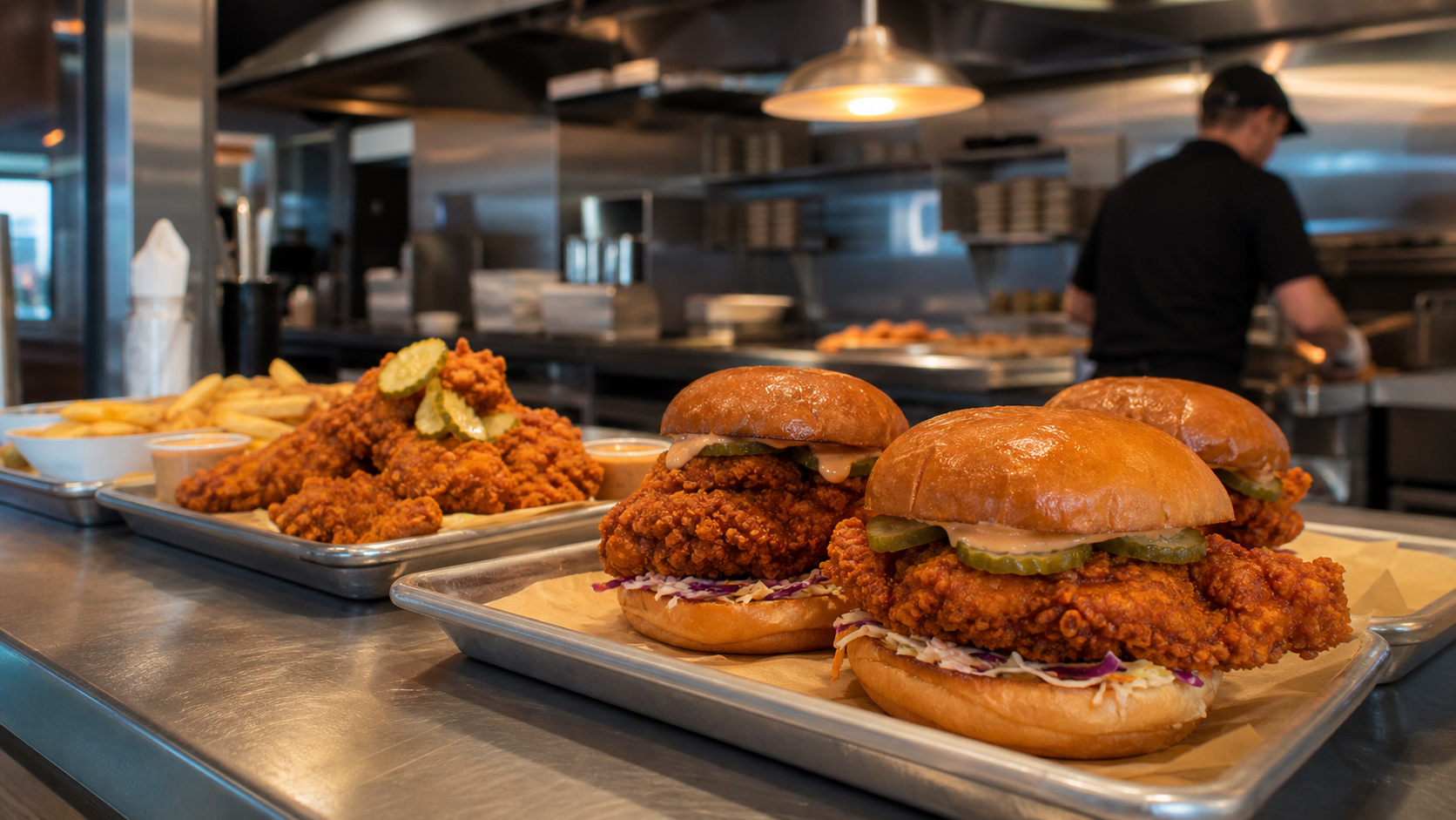 Hot chicken restaurant counter with sandwich, tenders and dipping sauces
