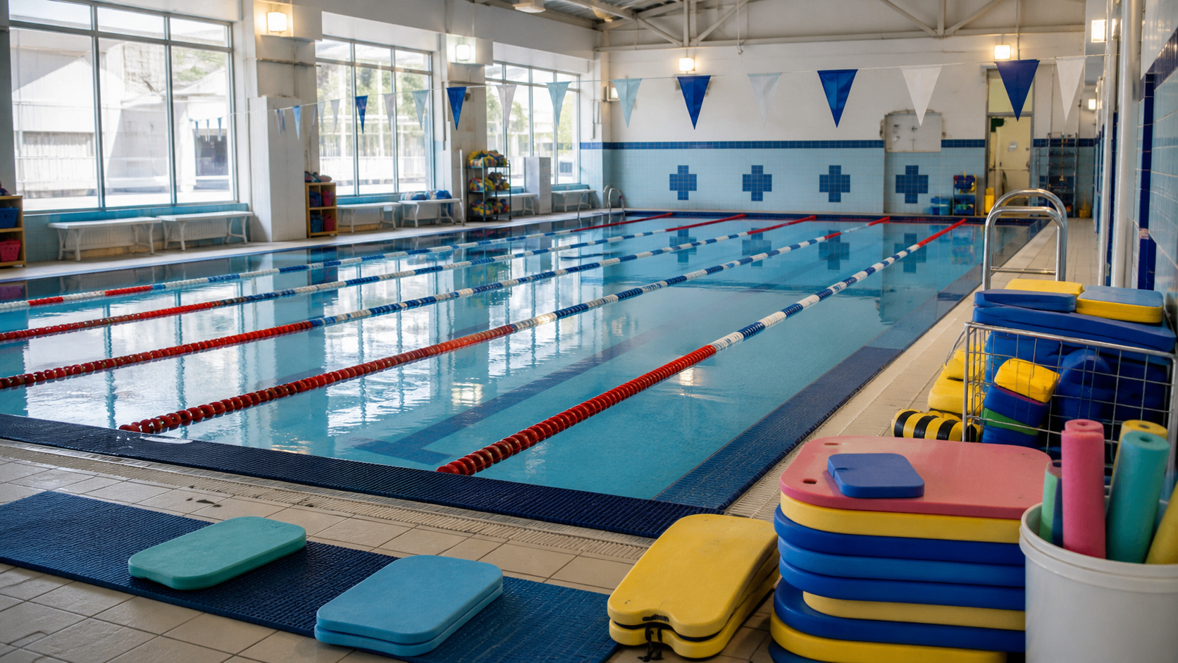 Indoor swim school pool with lane markers and lesson equipment