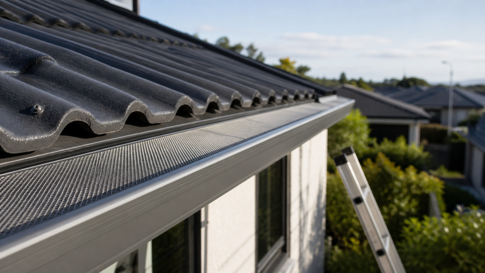 Installer fitting a micromesh gutter guard along a residential roofline
