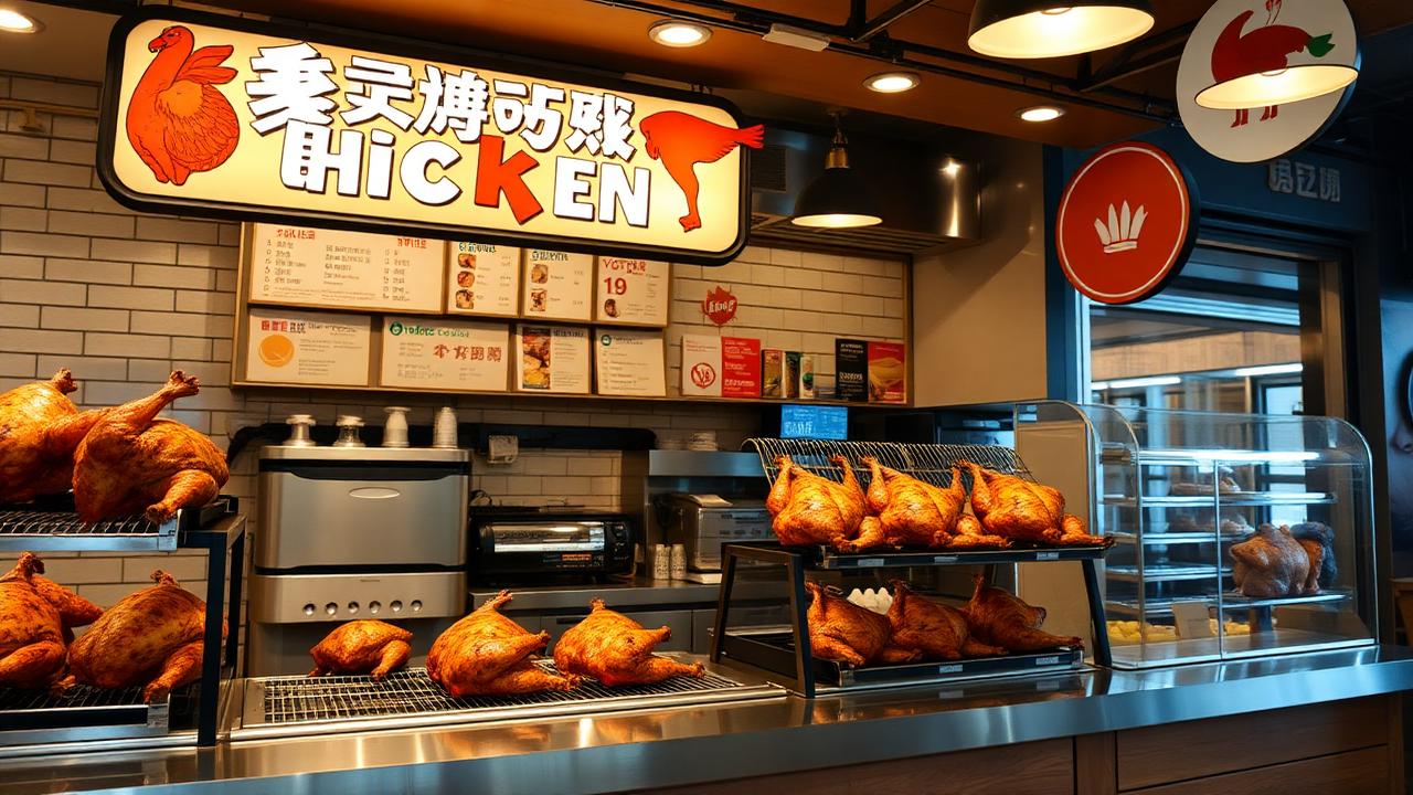 Premium fast-casual chicken restaurant counter with rotisserie chickens on display under warm lighting