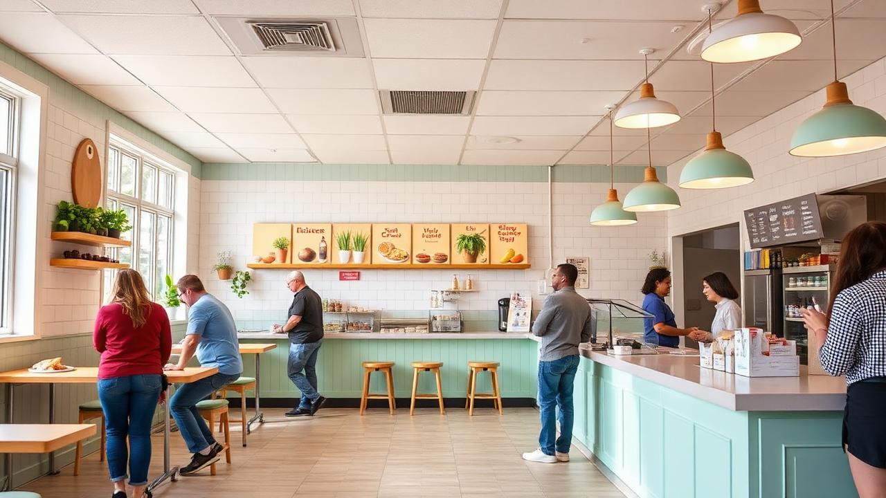 Bright pastel fast-casual chicken salad restaurant interior with customers ordering at the counter