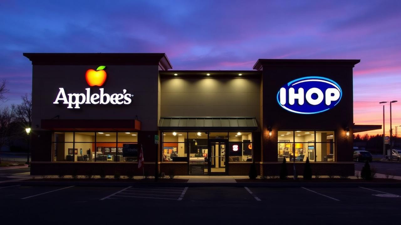 Co-branded Applebee's and IHOP restaurant exterior at dusk with dual illuminated signage