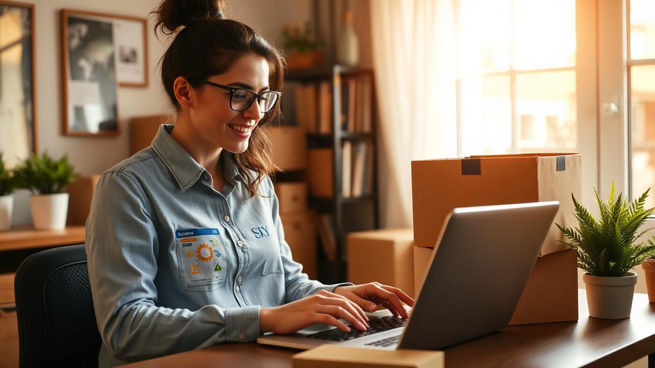 Small business owner packing online order boxes at a home office with a laptop showing an e-commerce dashboard