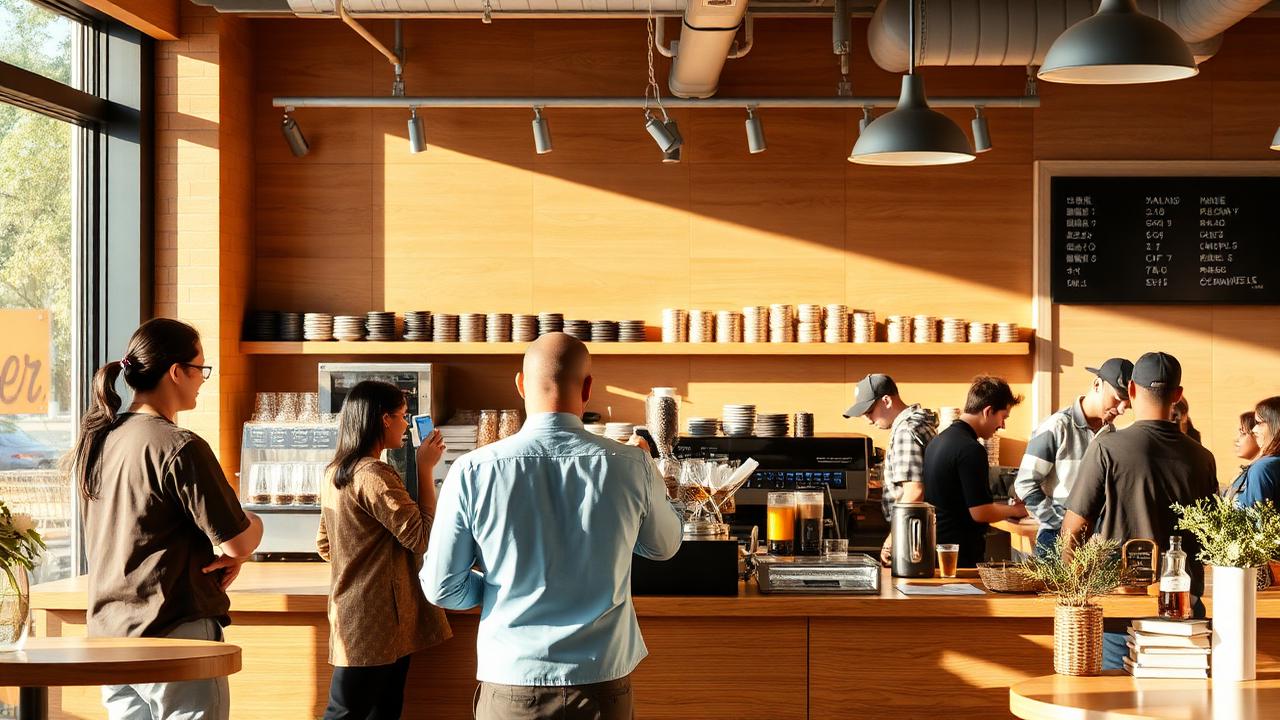 Busy modern café counter with barista serving customers in warm natural light
