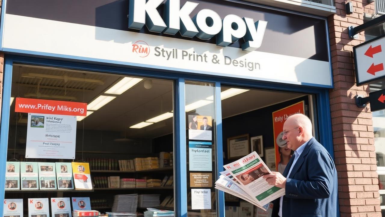 Kwik Kopy style print and design franchise storefront with branded signage