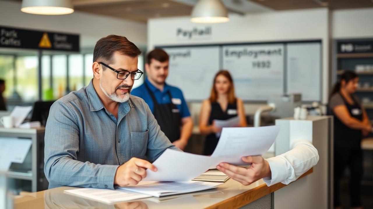 Franchise owner reviewing payroll and employment paperwork with staff in the background