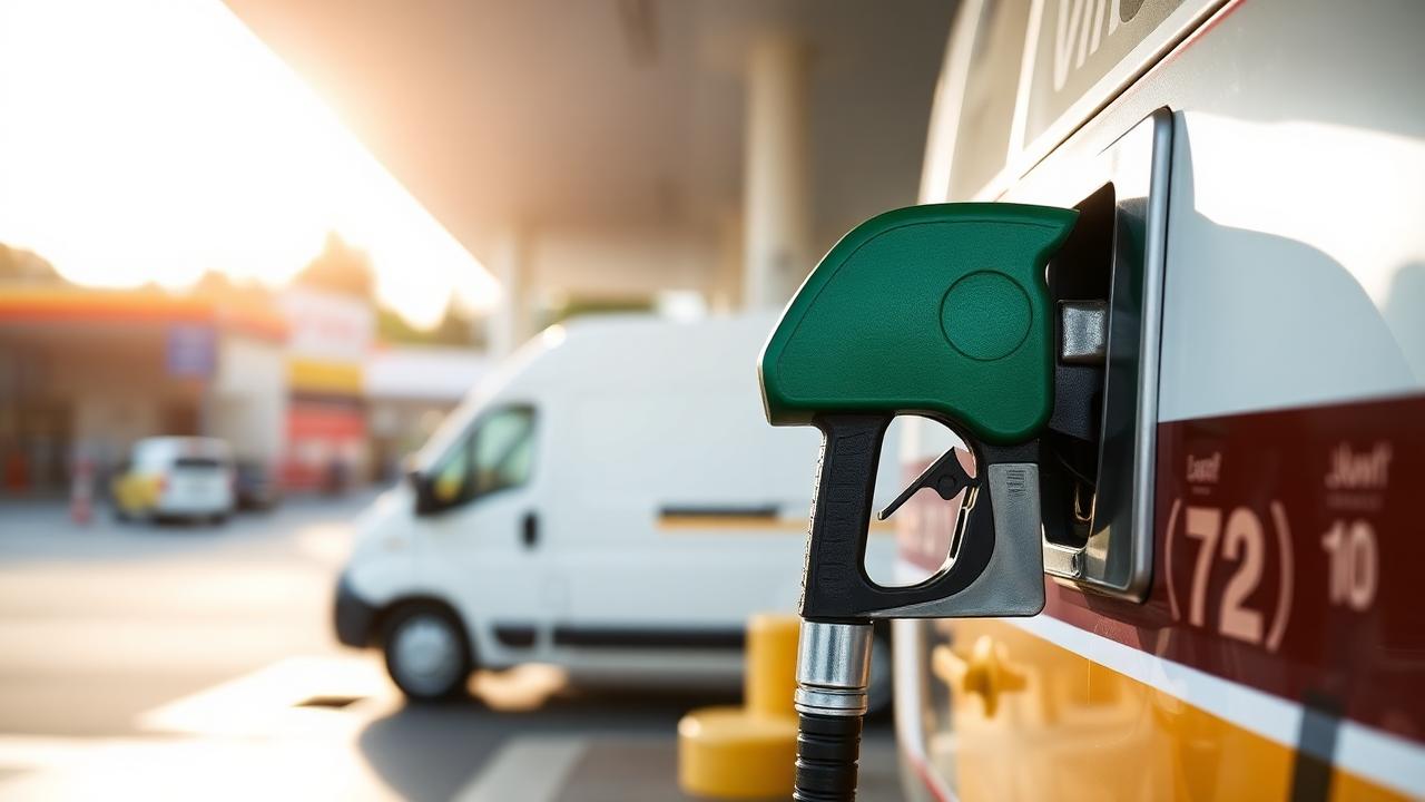 Fuel nozzle filling a small commercial delivery van at a New Zealand petrol station at sunrise