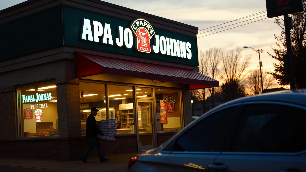 Papa John's pizza storefront at dusk with a delivery driver carrying pizza boxes to a parked car