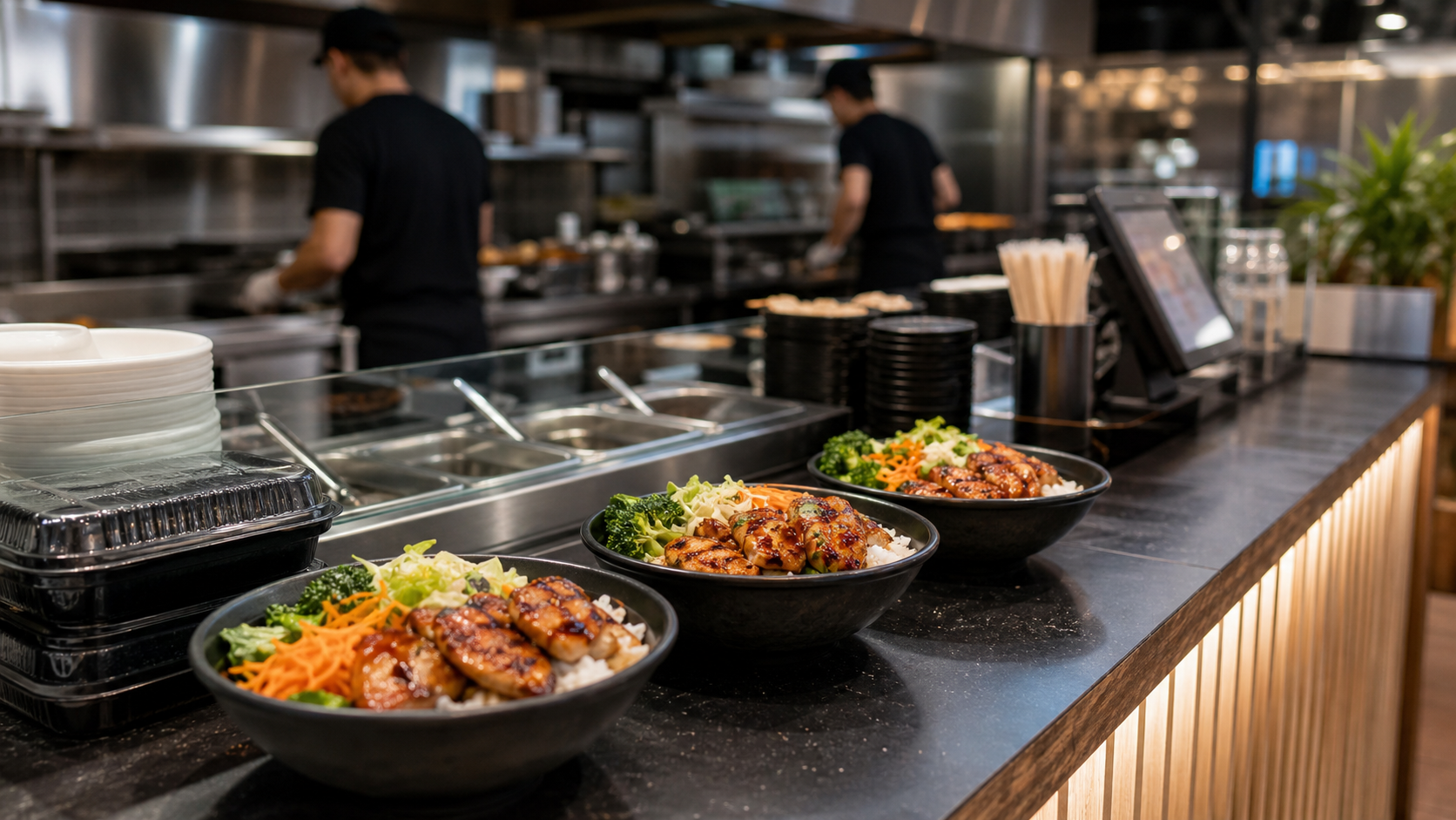 Teriyaki bowl restaurant counter with prep line and menu board