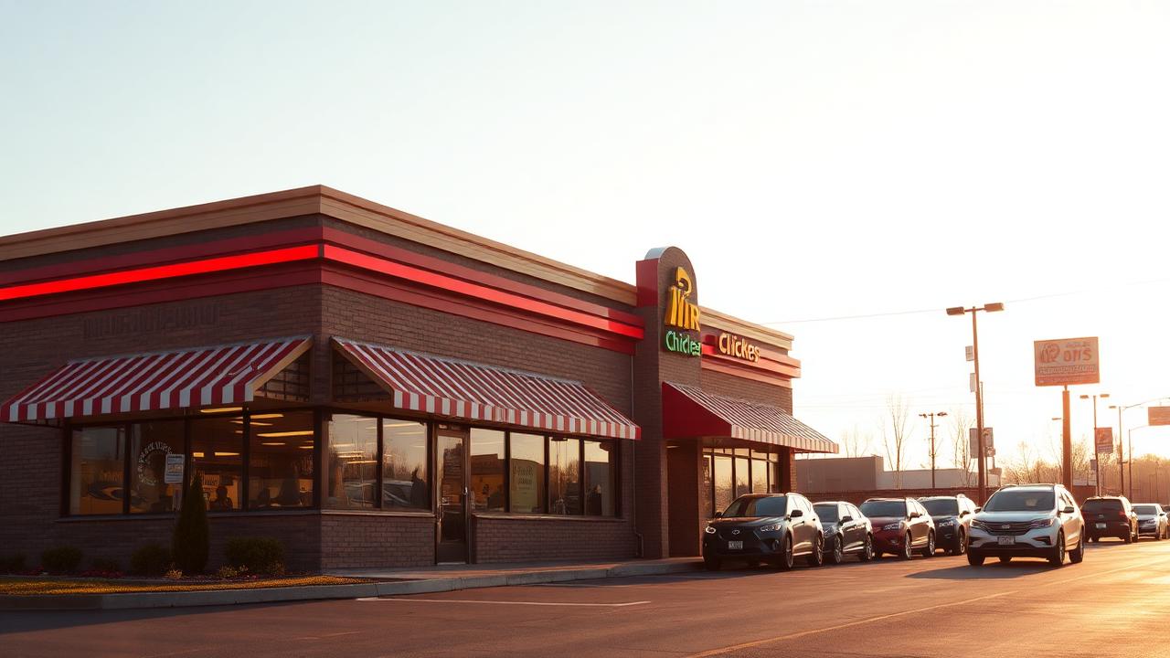 Quick-service chicken restaurant drive-thru exterior at golden hour with cars in line
